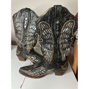 Corral Wing and Cross Cowboy Boots Black/Silver/Gold Distressed Leather 8.5
